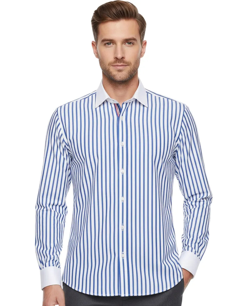 Dark Blue Stripe Contrast Collar Double Cuff Shirt-Makrom