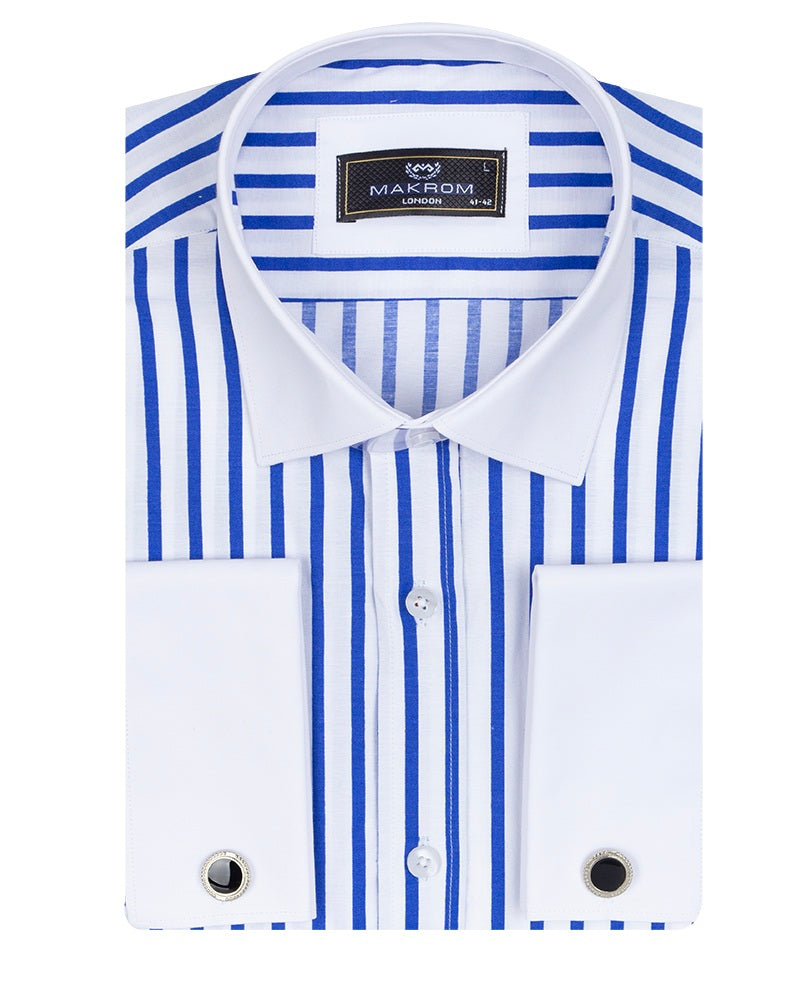 Dark Blue Stripe Contrast Collar Double Cuff Shirt-Makrom