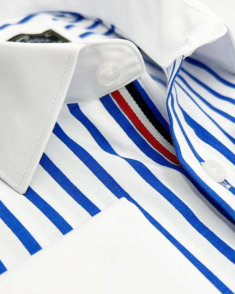 Dark Blue Stripe Contrast Collar Double Cuff Shirt-Makrom