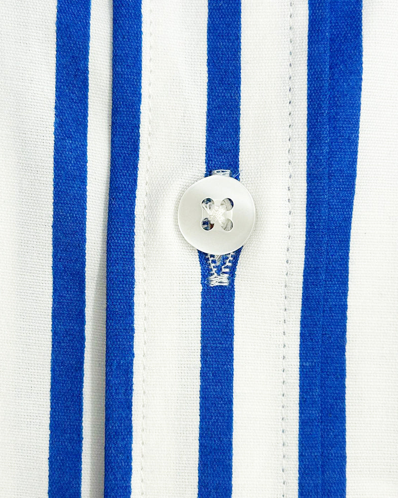 Dark Blue Stripe Contrast Collar Double Cuff Shirt-Makrom
