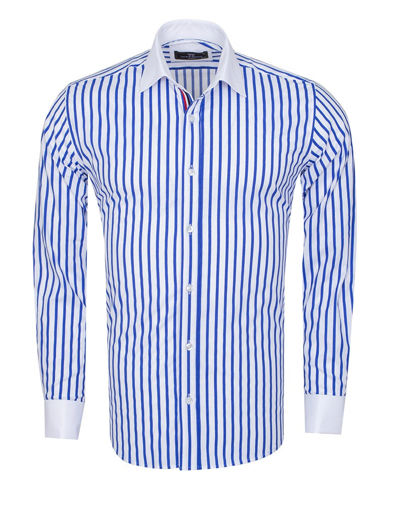 Dark Blue Stripe Contrast Collar Double Cuff Shirt-Makrom