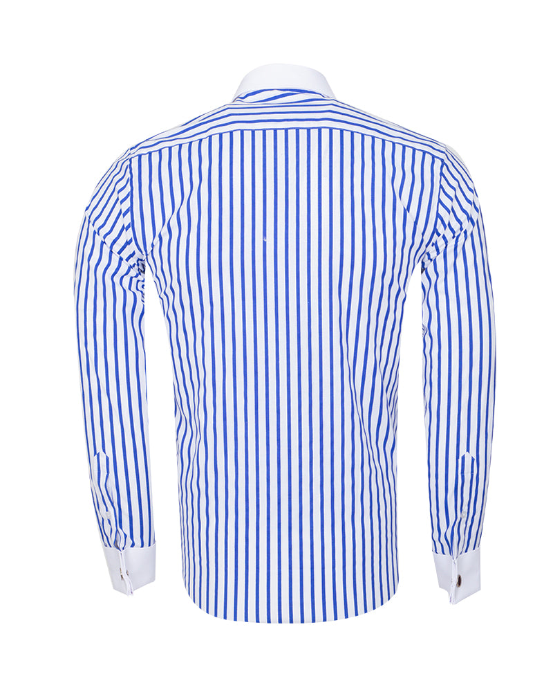 Dark Blue Stripe Contrast Collar Double Cuff Shirt-Makrom