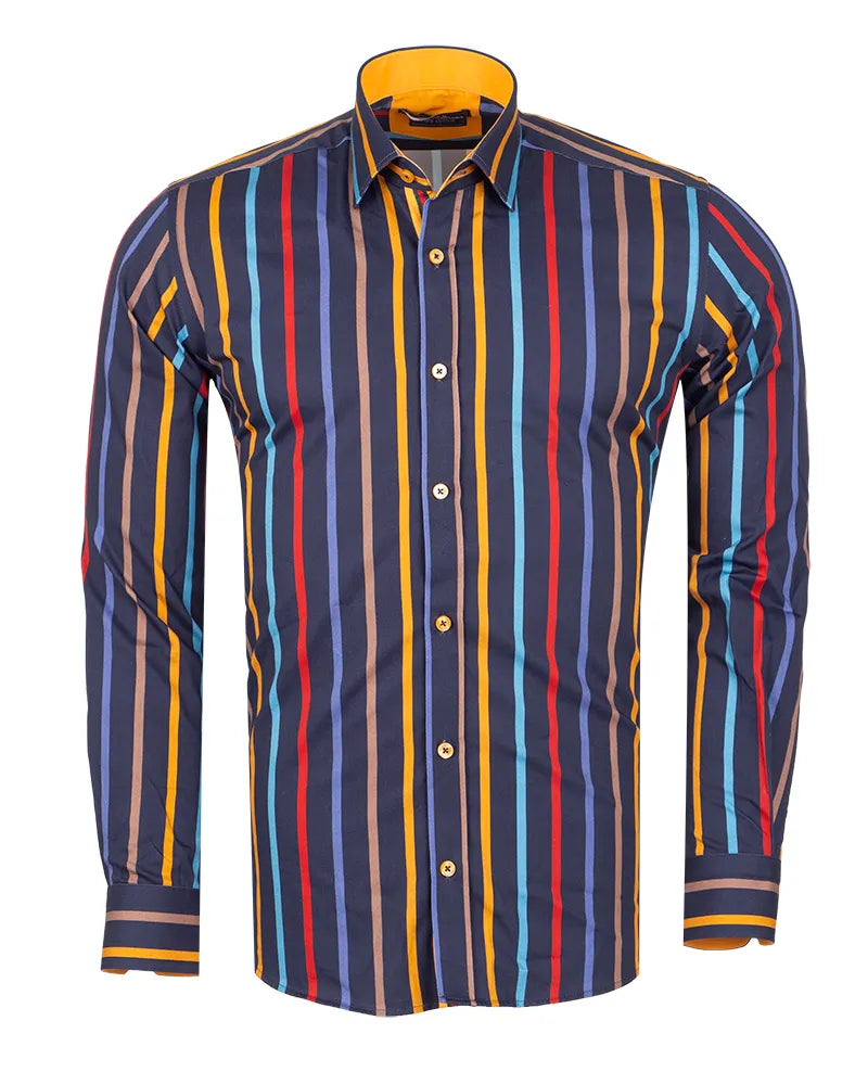 Dark Blue Stripe Print Shirt with Matching Handkerchief