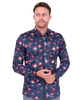 Dark Blue Stripe Rose Print Shirt with Matching Handkerchief-Makrom