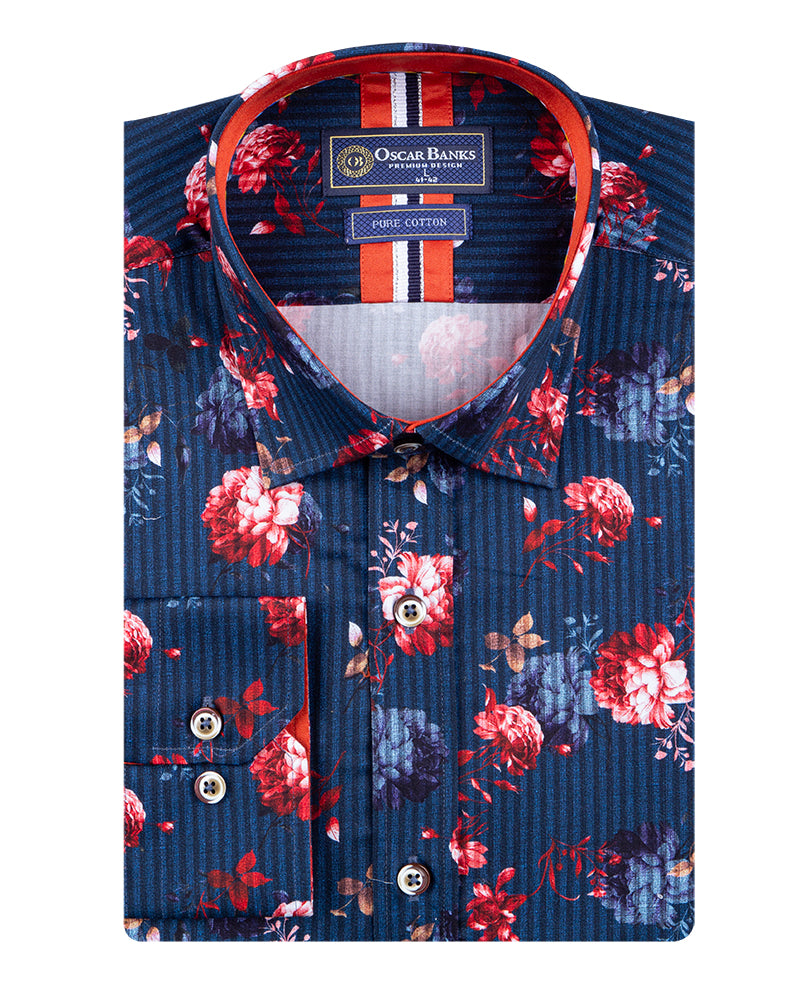 Dark Blue Stripe Rose Print Shirt with Matching Handkerchief-Makrom