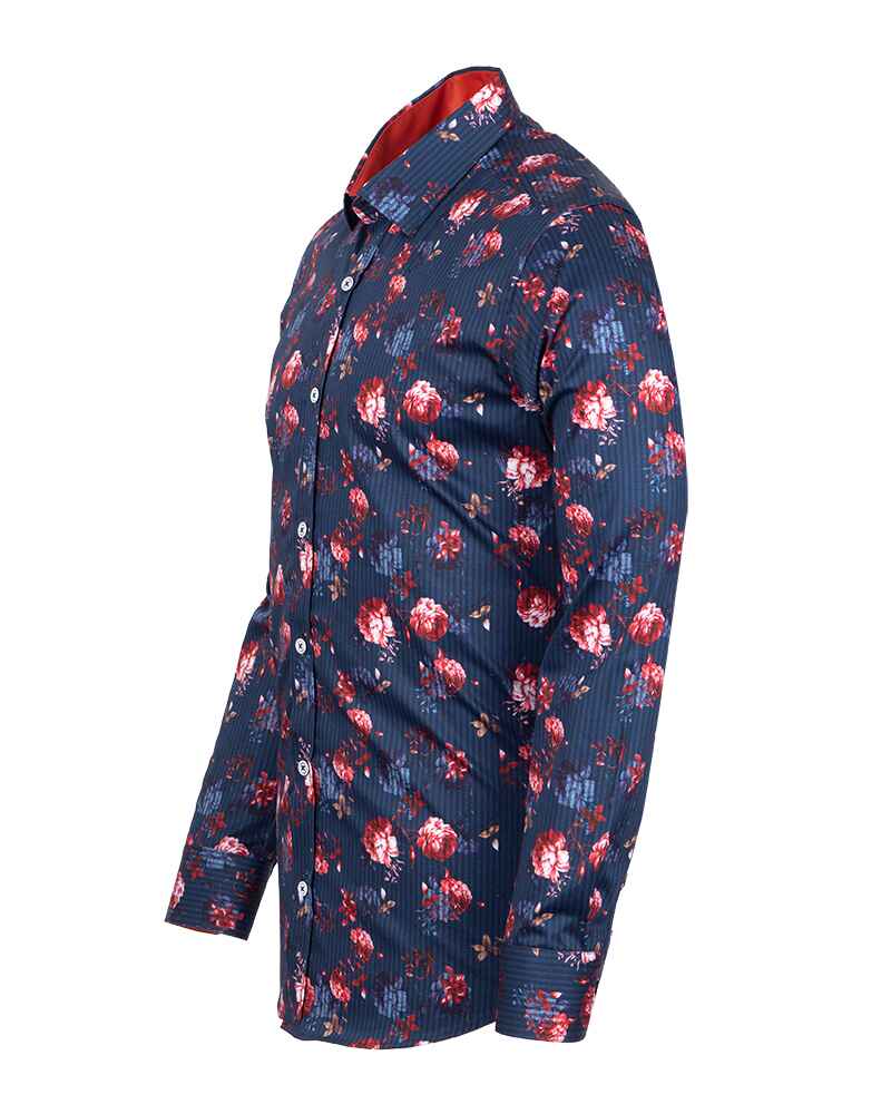 Dark Blue Stripe Rose Print Shirt with Matching Handkerchief-Makrom