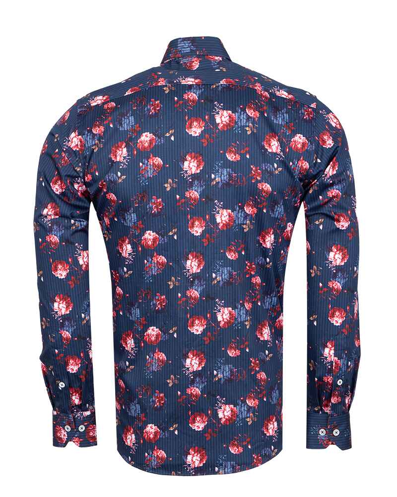 Dark Blue Stripe Rose Print Shirt with Matching Handkerchief-Makrom