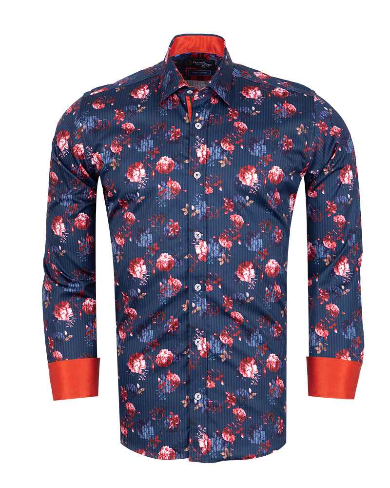 Dark Blue Stripe Rose Print Shirt with Matching Handkerchief-Makrom