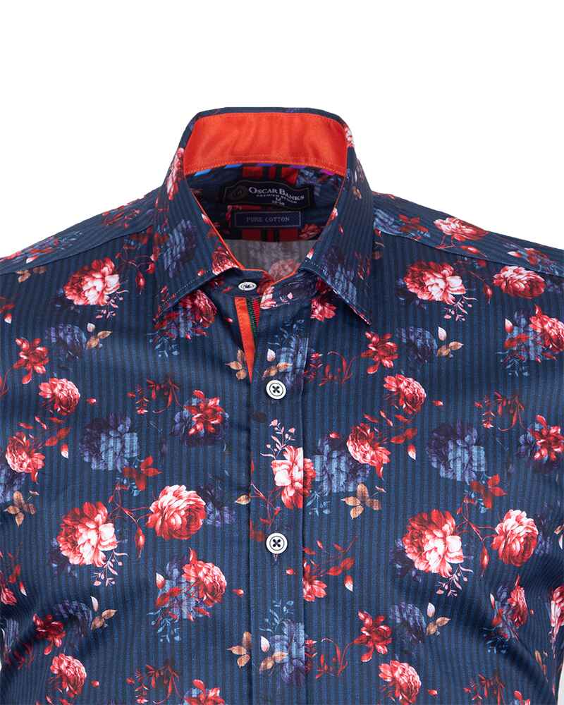 Dark Blue Stripe Rose Print Shirt with Matching Handkerchief-Makrom