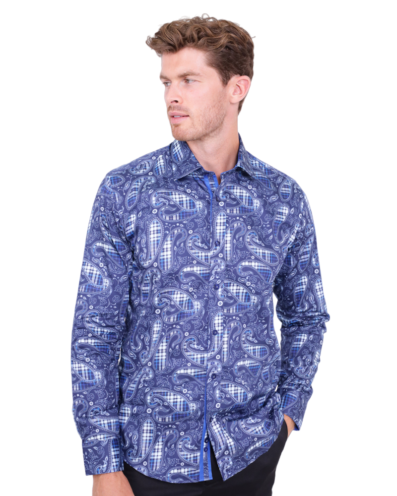 Dark Blue Tartan Paisley Cotton Shirts For Men-Makrom