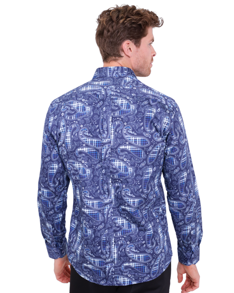 Dark Blue Tartan Paisley Cotton Shirts For Men-Makrom