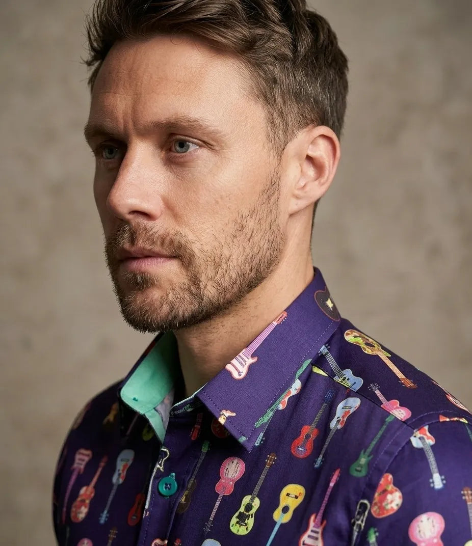 Dark Blue Vintage Guitar Print Men's Shirt