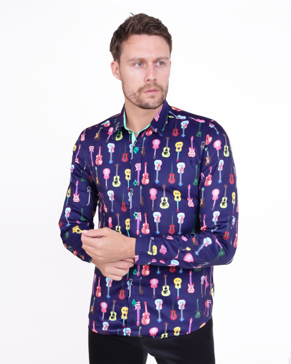 Dark Blue Vintage Guitar Print Men's Shirt-Makrom