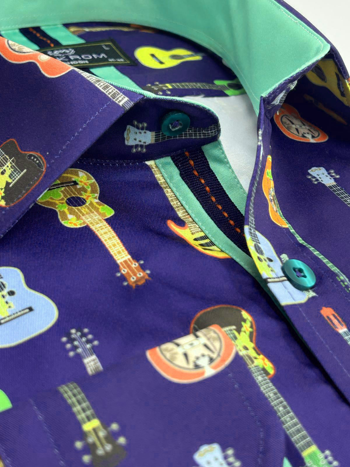 Dark Blue Vintage Guitar Print Men's Shirt-Makrom