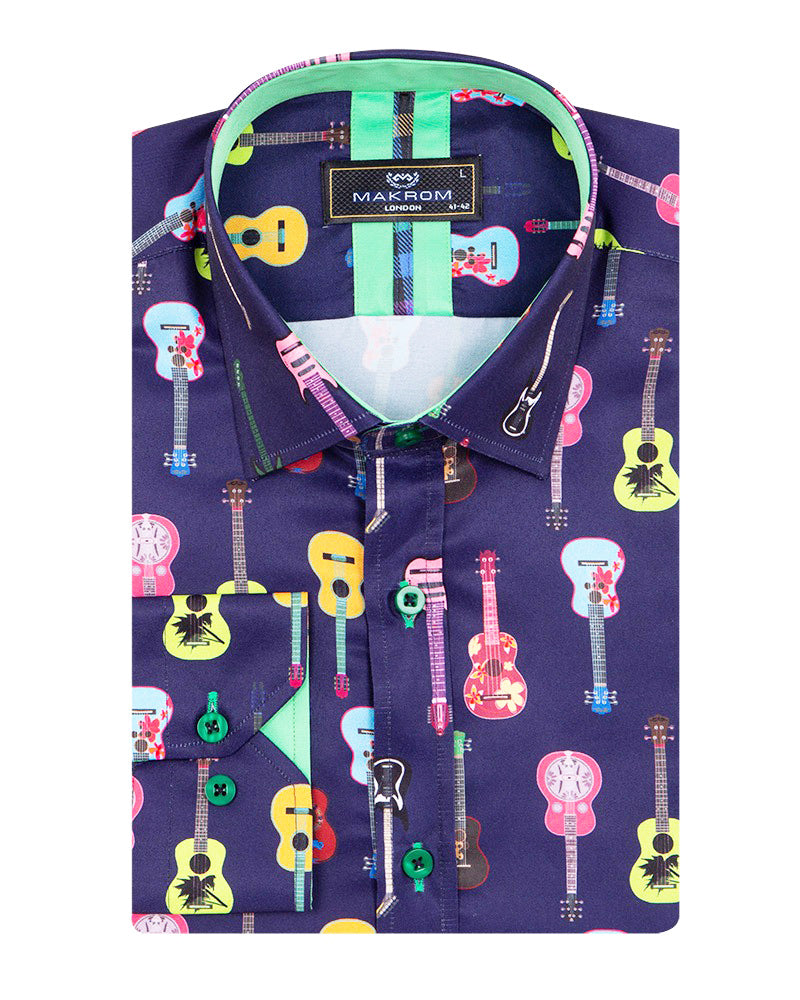 Dark Blue Vintage Guitar Print Men's Shirt-Makrom