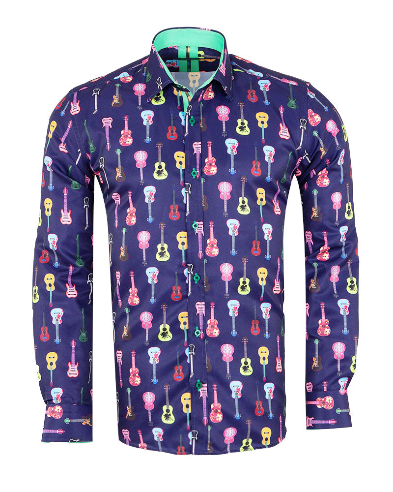 Dark Blue Vintage Guitar Print Men's Shirt-Makrom