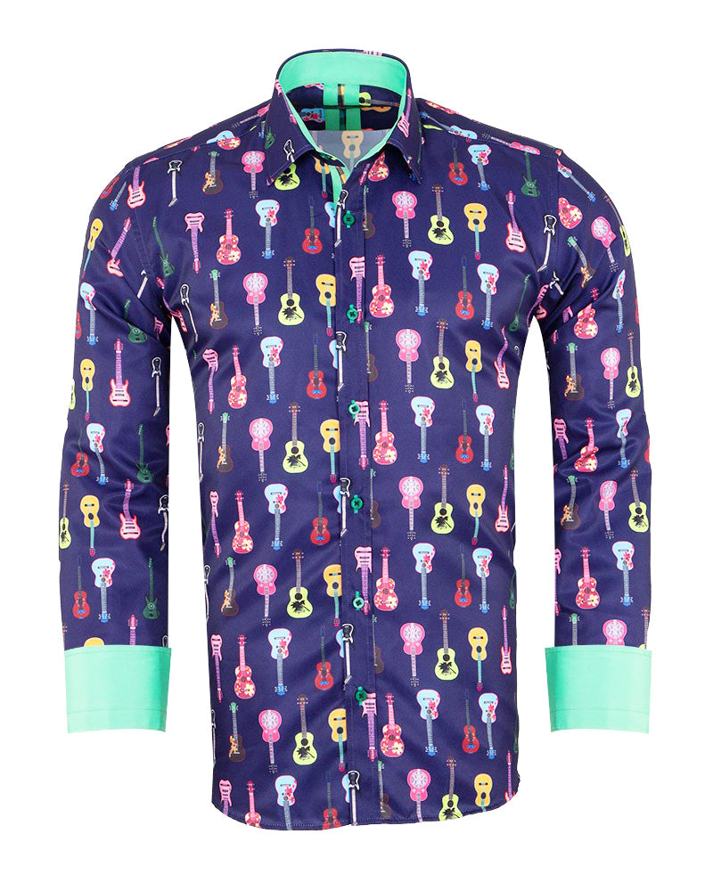 Dark Blue Vintage Guitar Print Men's Shirt-Makrom