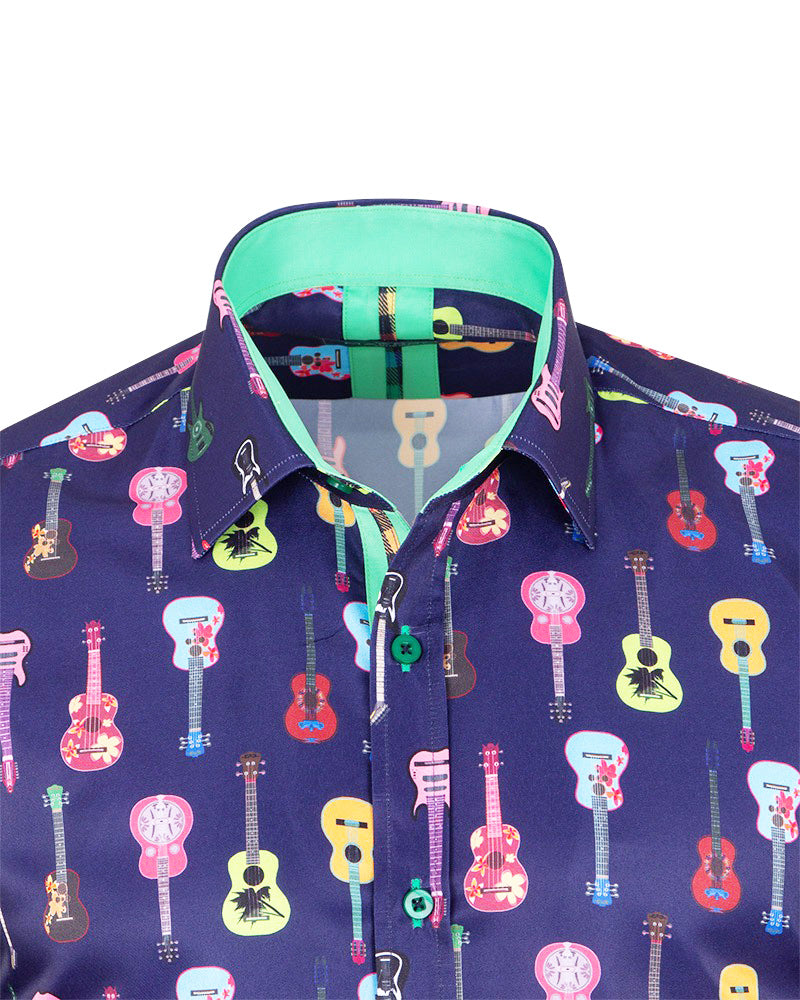 Dark Blue Vintage Guitar Print Men's Shirt-Makrom