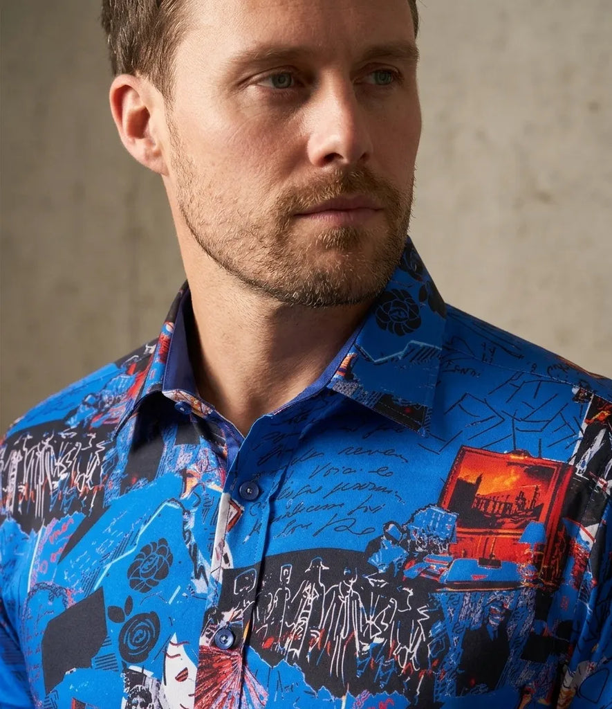 Dark Blue Vintage Pictures Print Shirt