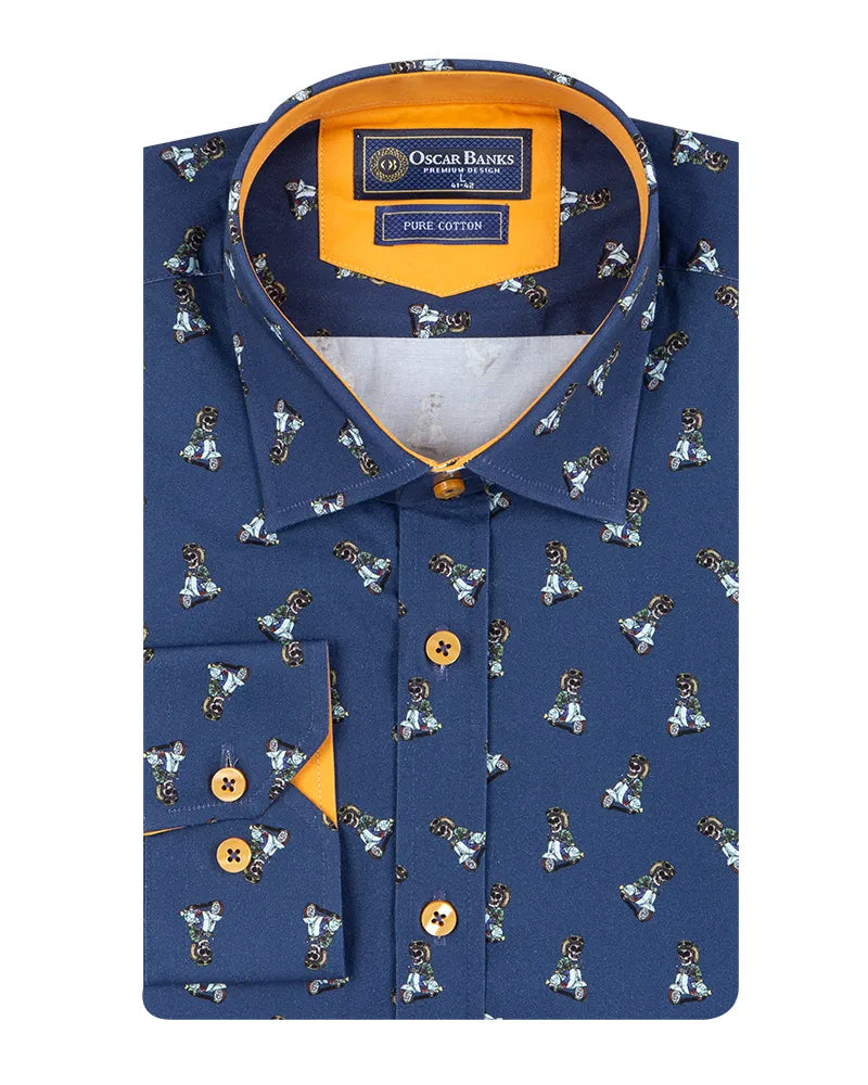Dark Blue Whimsical Scooter Print with Matching Handkerchief-Makrom