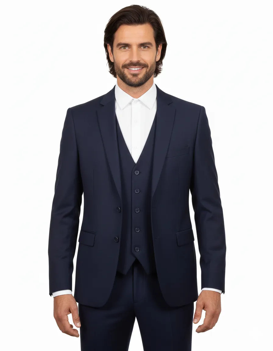Dark Blue Wool Classic Plain 3 Piece Men's Suit-Makrom