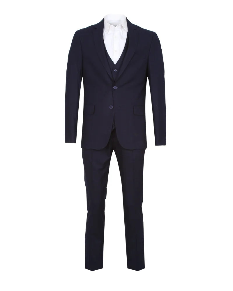 Dark Blue Wool Classic Plain 3 Piece Men's Suit-Makrom