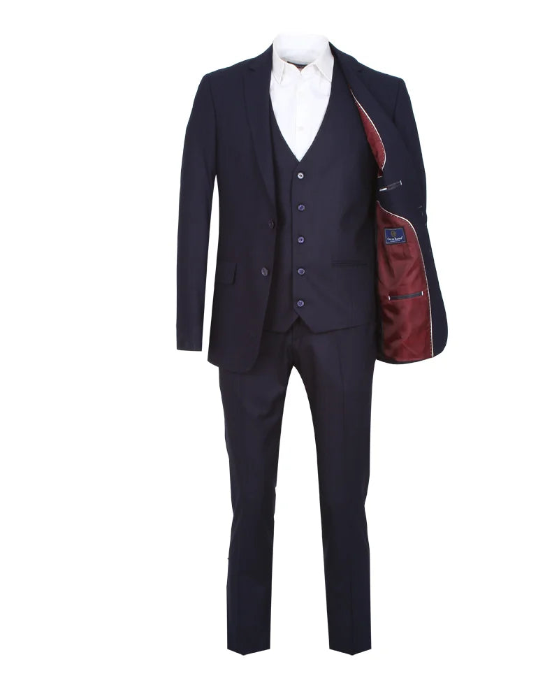 Dark Blue Wool Classic Plain 3 Piece Men's Suit-Makrom