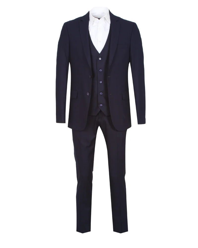 Dark Blue Wool Classic Plain 3 Piece Men's Suit-Makrom