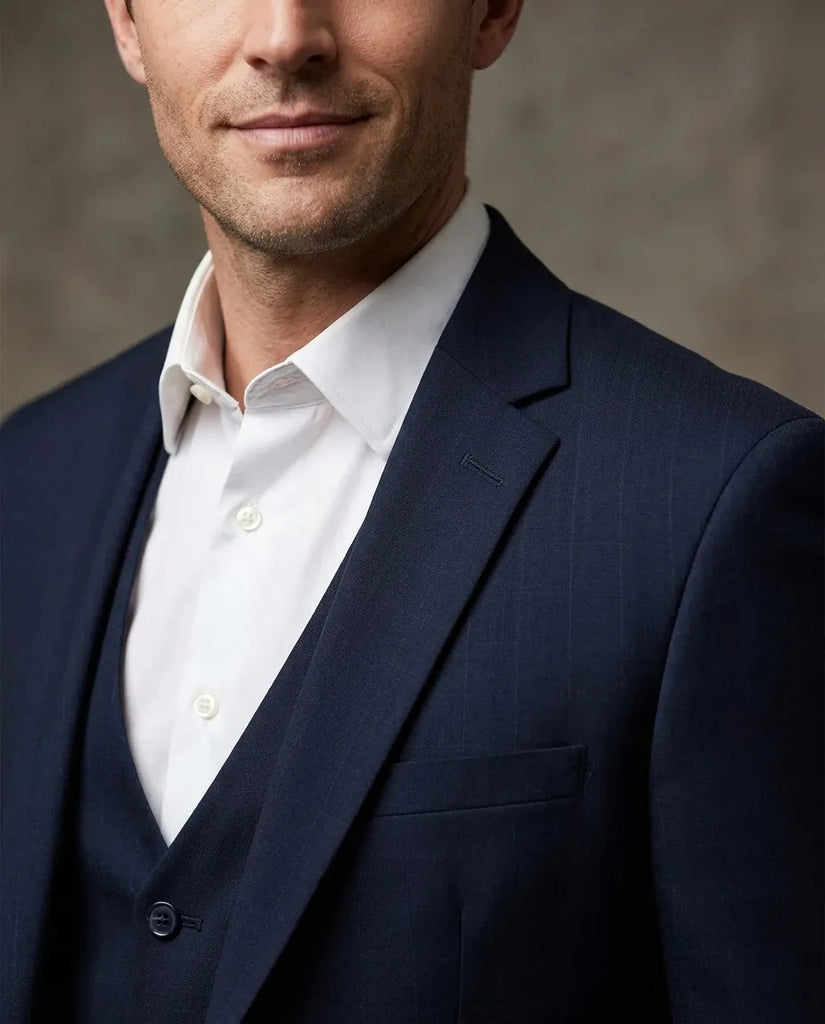 Man wearing a navy suit and white shirt against a neutral background