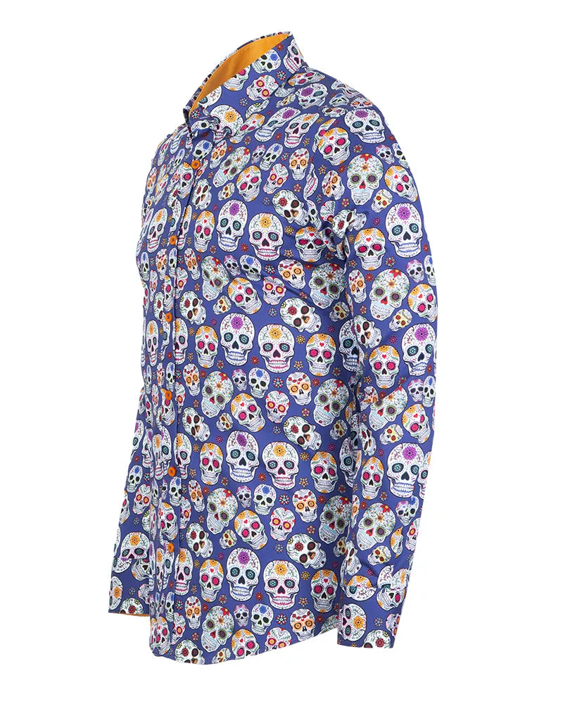 mens skull dress shirt Dark Blue Day of the Dead Skull Print Shirt & Handkerchief – Makrom