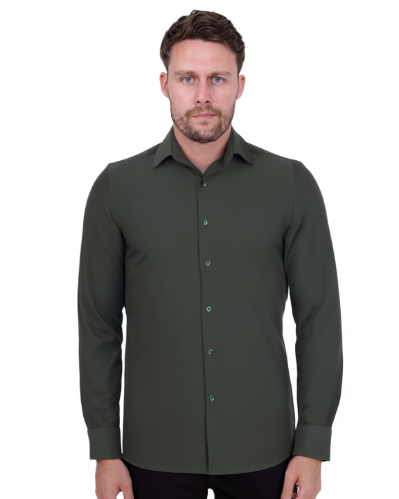 Dark Green Casual Twill Double Cuff Long Sleeve Shirt-Makrom