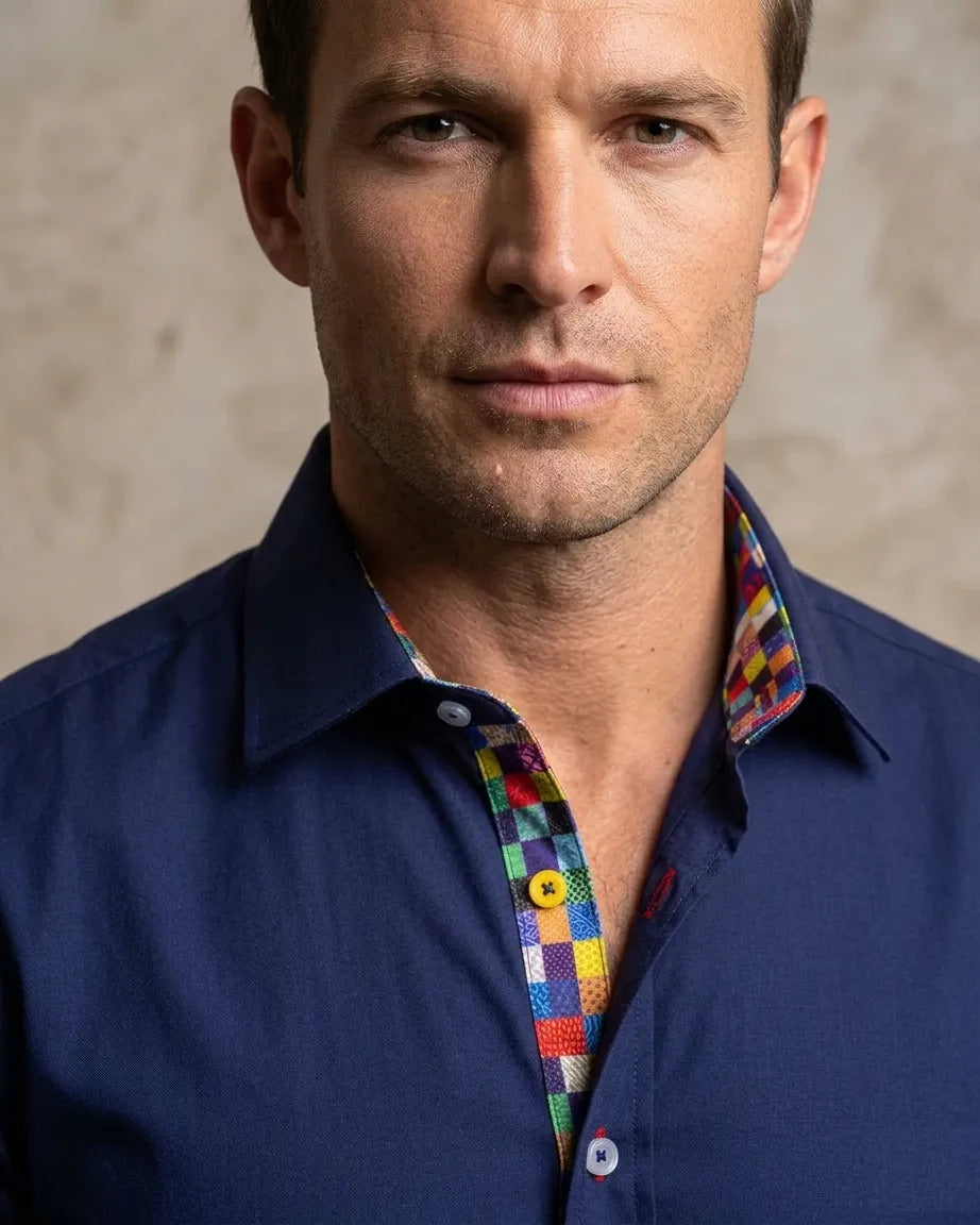 Dark Blue Dress Shirt with Colourful Inner Collar and Cuff Detail