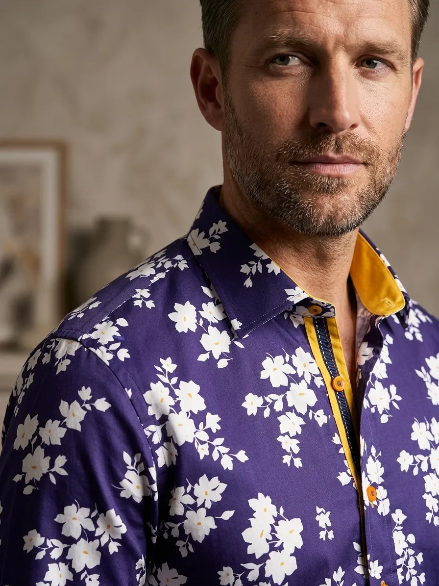 Dark Blue Floral Print Men's Shirt