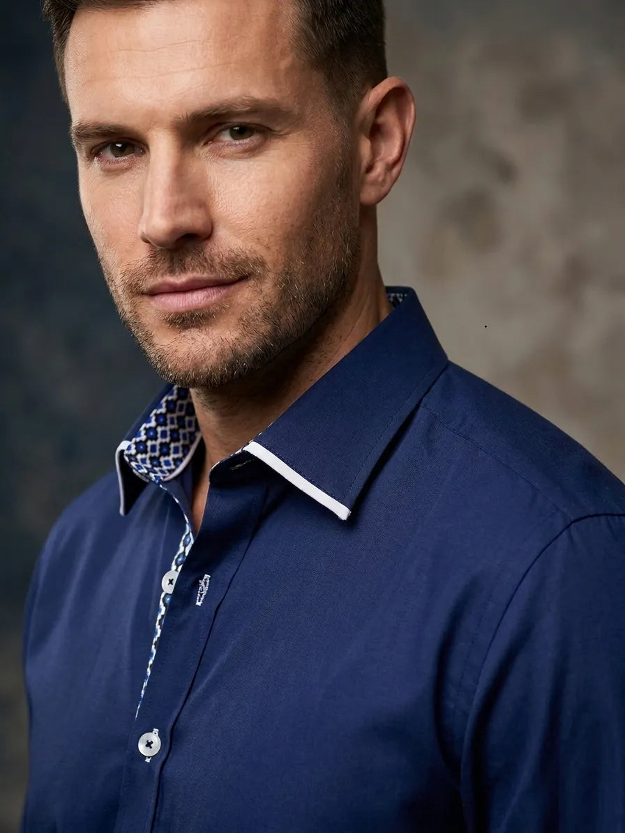 Dark Blue Plain Panel Shirt with Floral Insert & Collar Tip Design