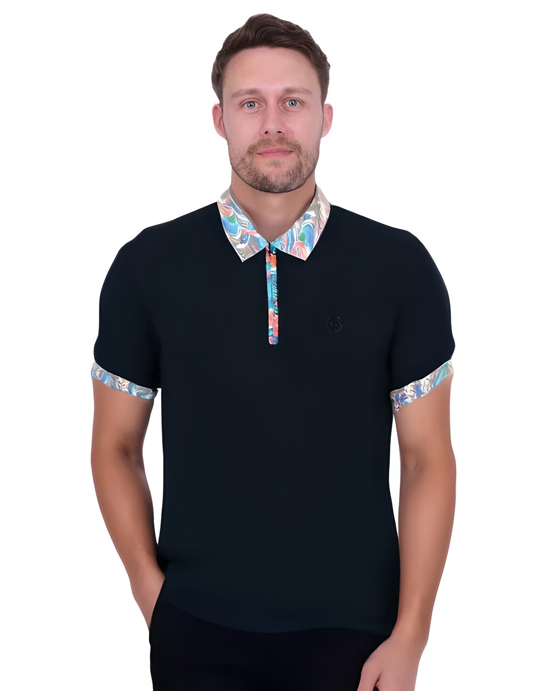 Dark Blue Polo T-Shirt With Paisley Collar