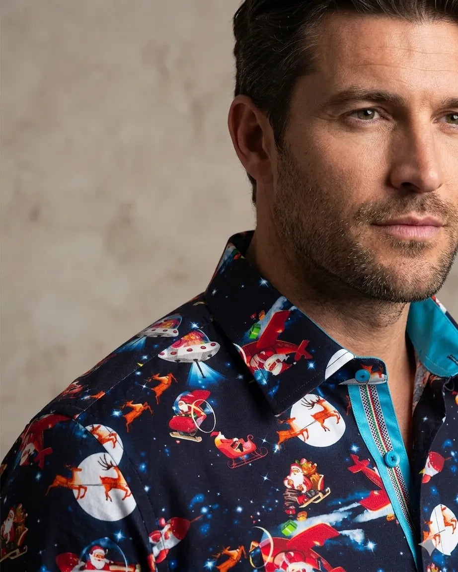 Festive Santa Space Adventure Print Shirt with Matching Handkerchief-Makrom