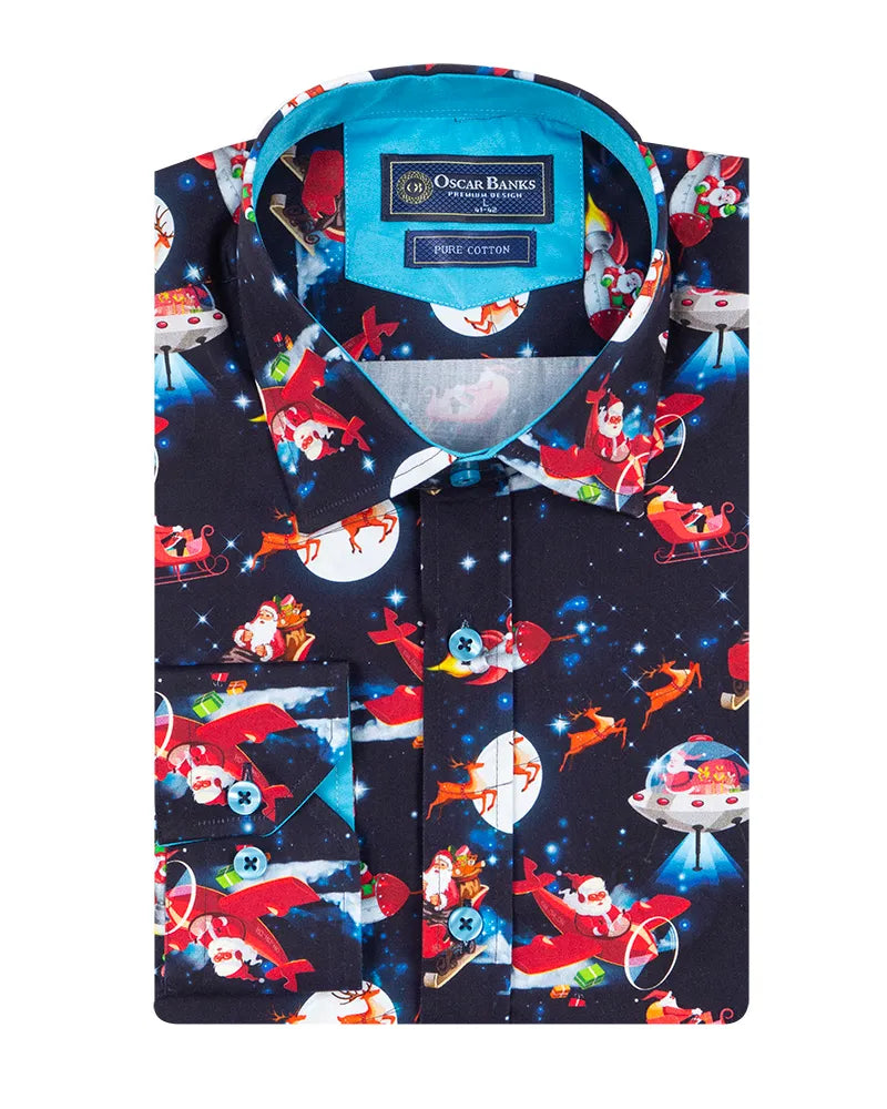 Festive Santa Space Adventure Print Shirt with Matching Handkerchief-Makrom