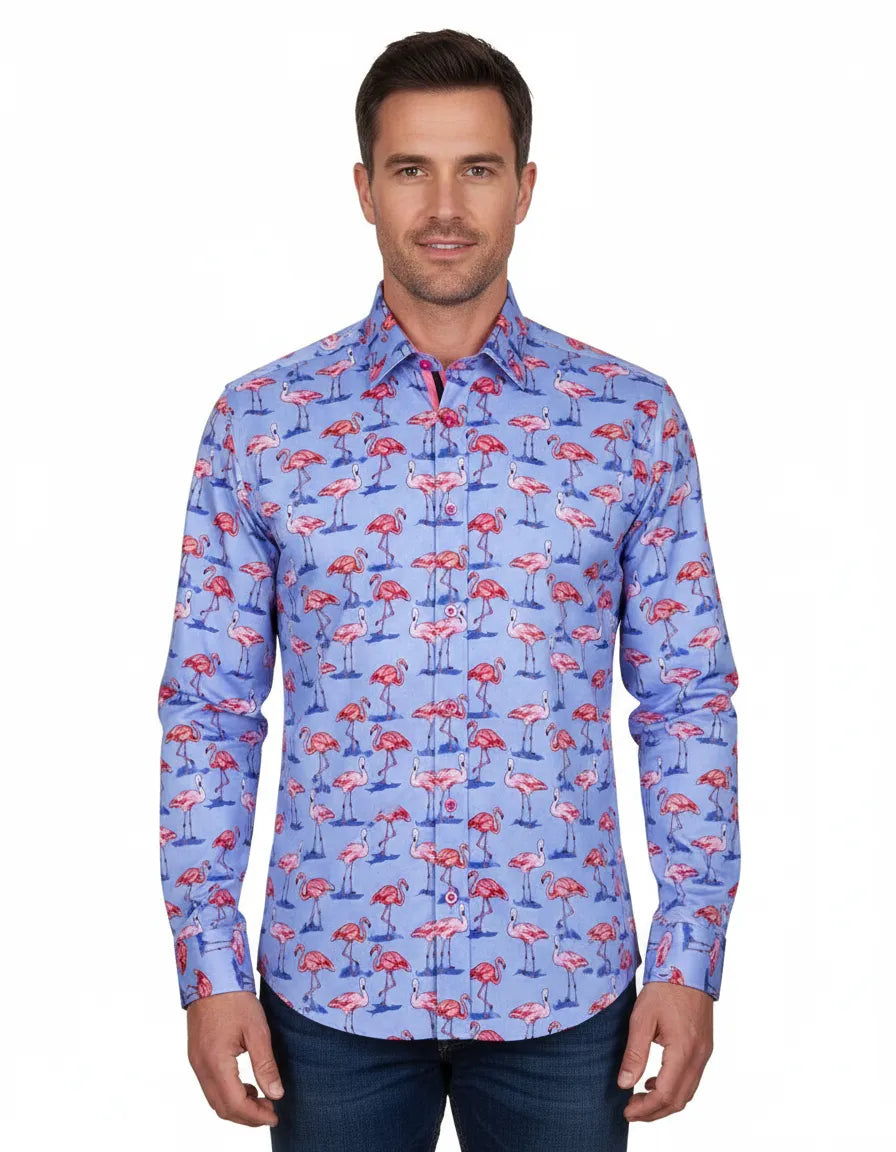 Blue Flamingo Print Men's Shirt with Matching Handkerchief