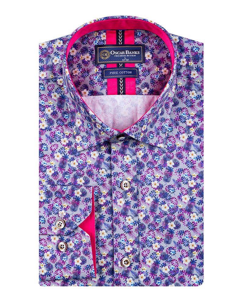 Flowery Print Men's Shirt with Matching Handkerchief-Makrom