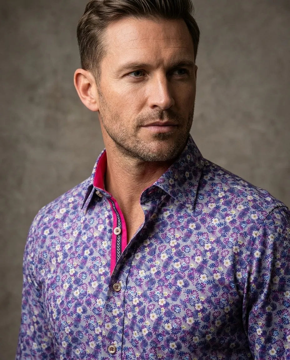 Flowery Print Men's Shirt with Matching Handkerchief