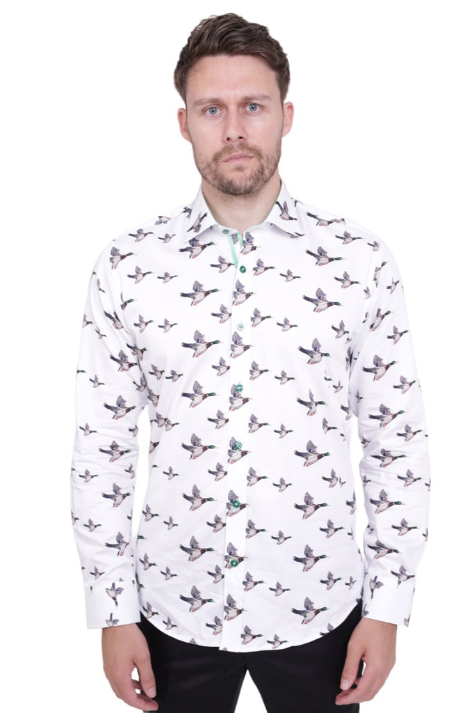 Flying Mallard Print Shirt with Matching Handkerchief-Makrom