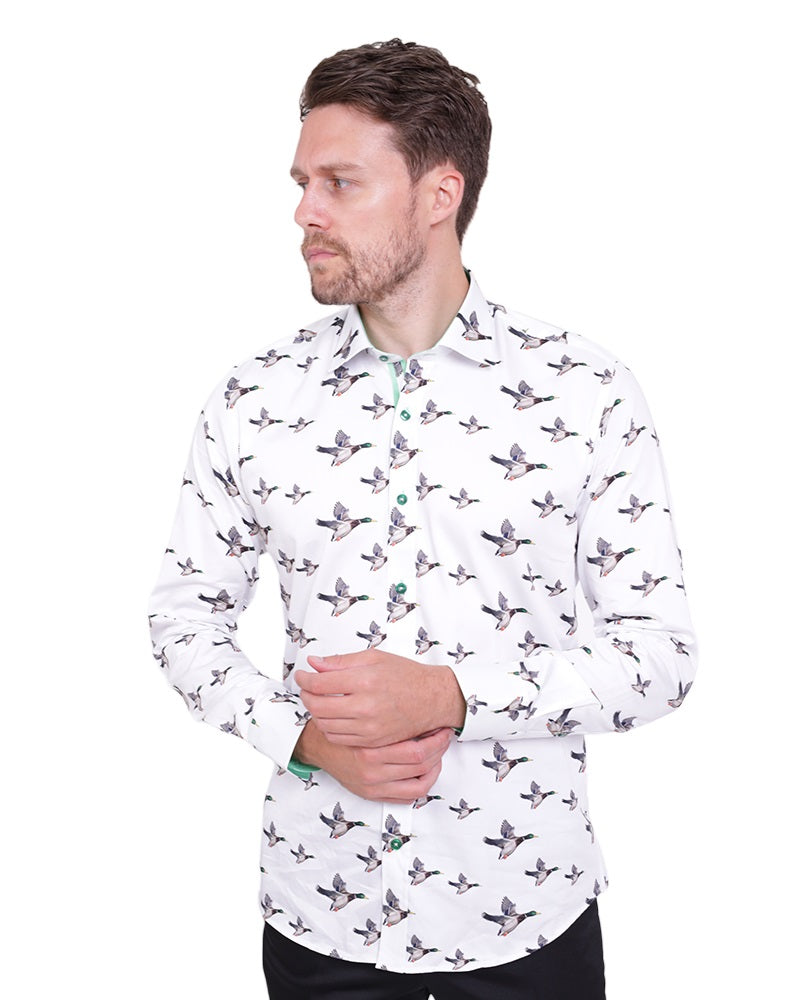 Flying Mallard Print Shirt with Matching Handkerchief-Makrom