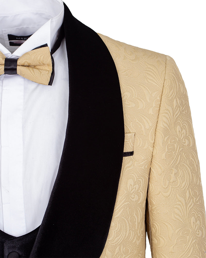 Four Piece Beige & Black Tuxedo Wedding Suit-Makrom
