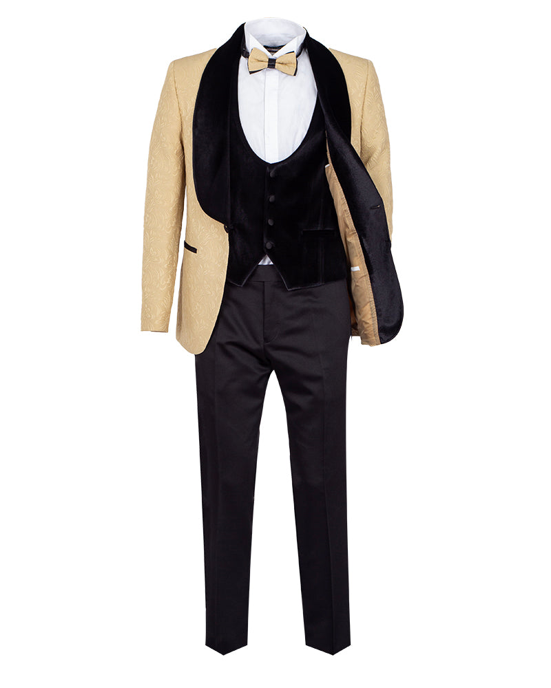 Four Piece Beige & Black Tuxedo Wedding Suit-Makrom
