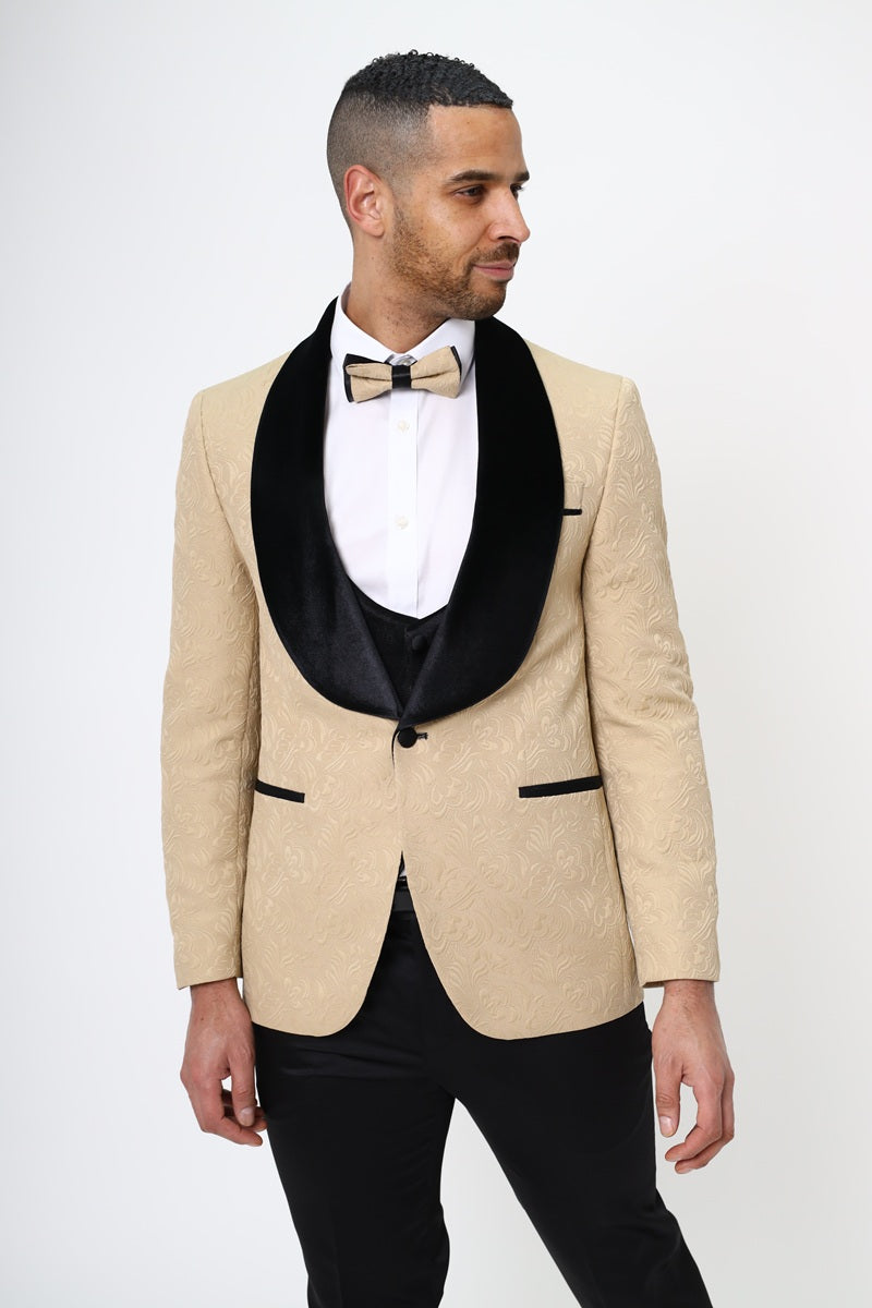 Four Piece Beige & Black Tuxedo Wedding Suit-Makrom