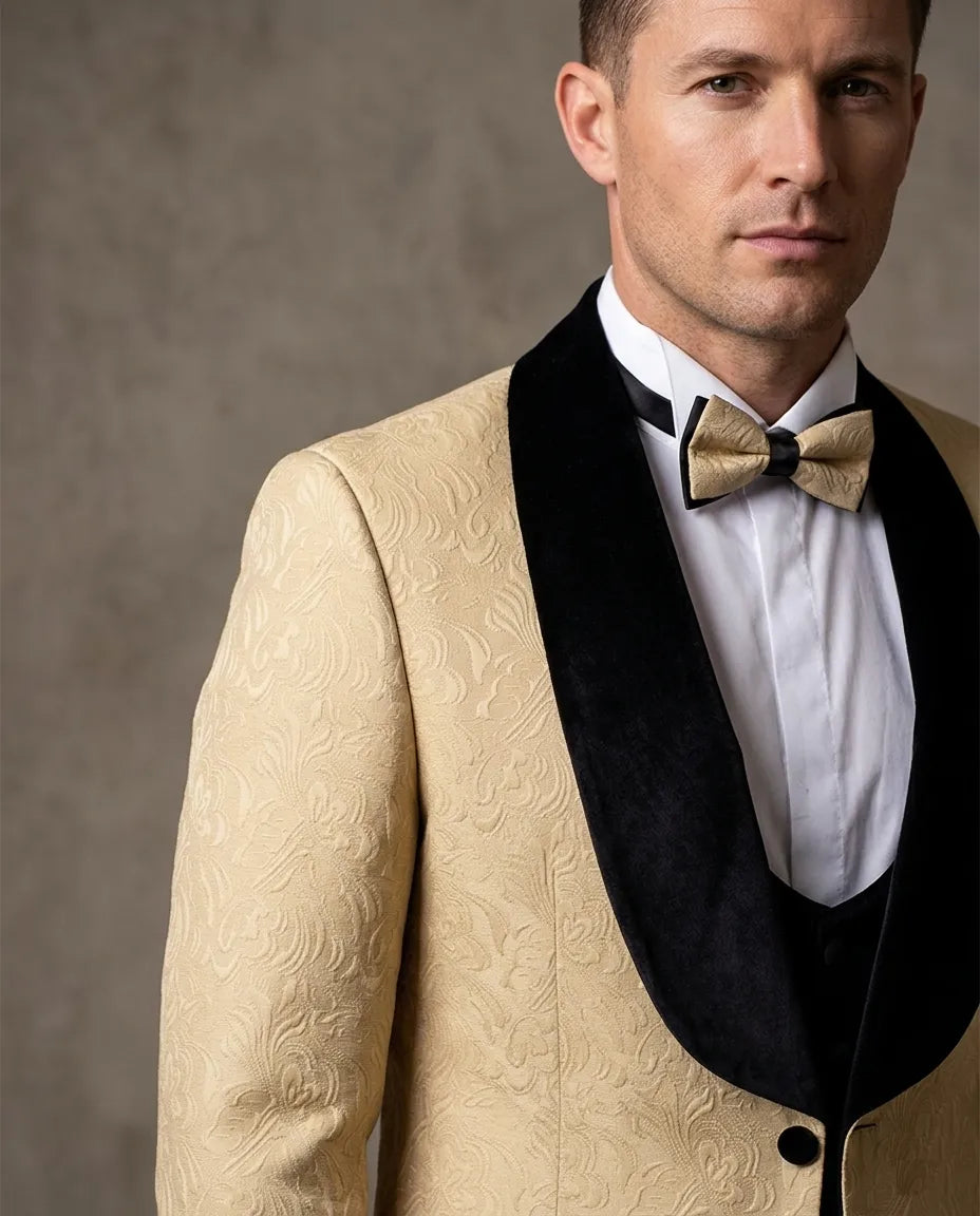 Man wearing a beige embroidered tuxedo with black lapels and a gold bow tie against a brown background.