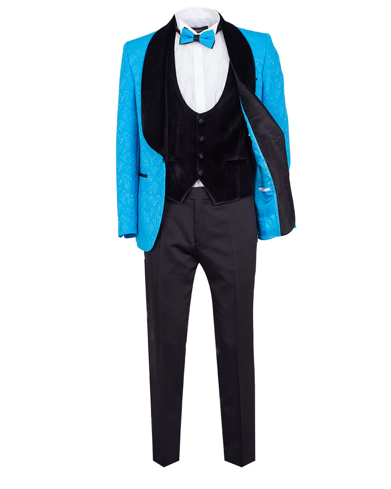 Four Piece Turquoise & Black Tuxedo Wedding Suit-Makrom