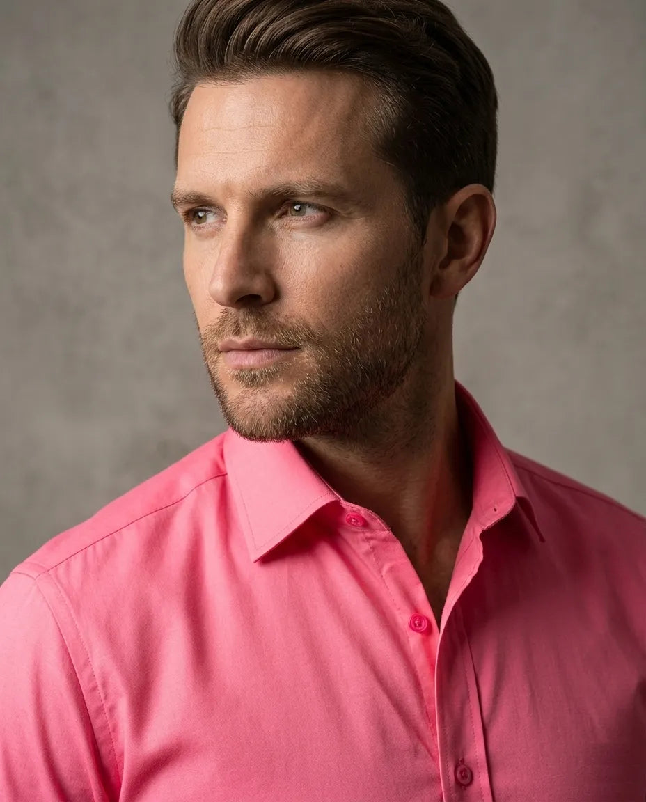 Man wearing a pink shirt against a gray background