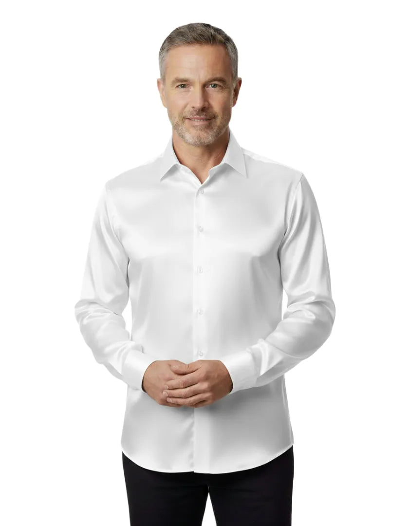 White Shiny Plain Satin Classic Men’s Shirt