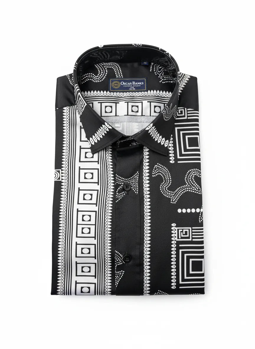 Black Baroque Print Long Sleeve Satin Men`s Shirt